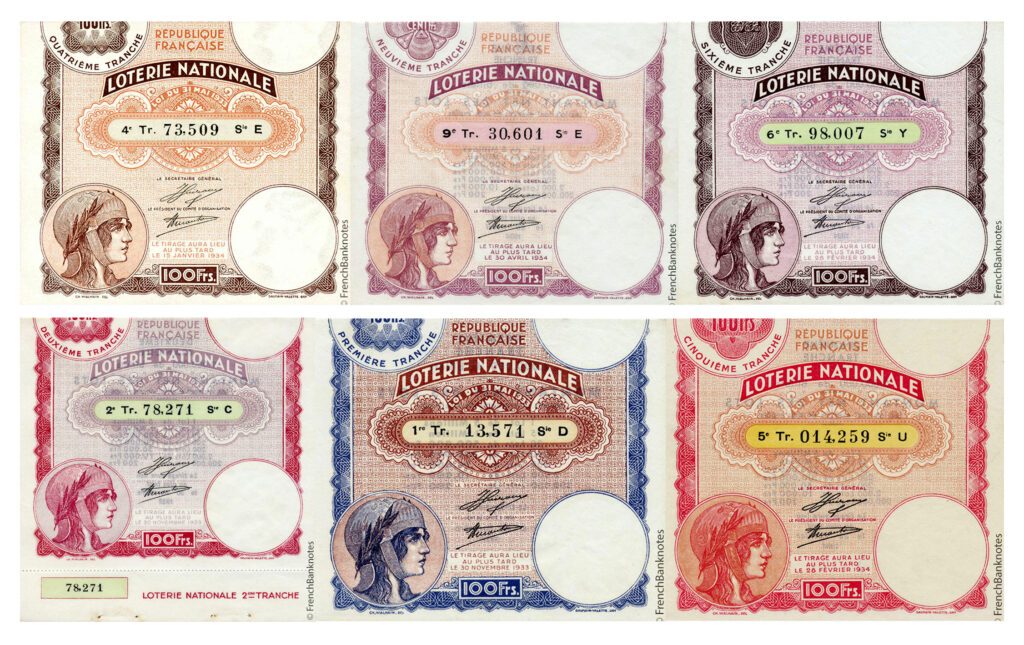 Billets français de loterie avec la vignette de Marianne créée par Charles Walhain